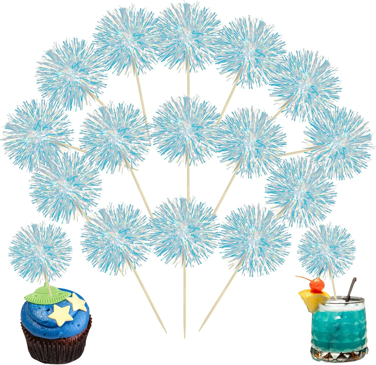 Ephlyn 30Pcs Foil Firework Cupcake Toppers Party Birthday Cake Toppers Supplies Sparkle Tinsel Cocktail Fruit Toothpick for Birthday Wedding Graduation Party Blue