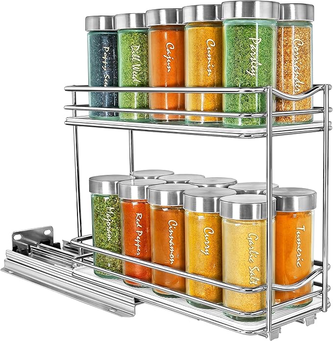 LYNK PROFESSIONAL® Pull Out Spice Rack Organizer for Inside Kitchen Cabinets - 4-1/4 inch Wide - Slide Out Drawer – Chrome Sliding Spice Cabinet Organization Shelf Racks - 2 Tier