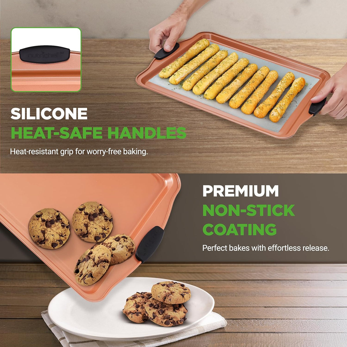 NutriChef 3 Piece Baking Pan Set - PFOA, PFOS, PTFE Free Flexible Nonstick Carbon Steel Bakeware Set - Home Kitchen Bake Pan Cookie Sheet Stackable Baking Tray Set w/Black Silicone Handles NCSBS3S45