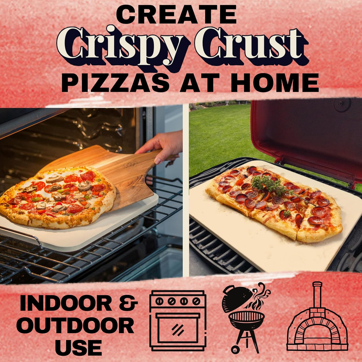 Pizza Stone for Oven and Grill Set - 5PCS Pizza Making Accessories Kit - 15 inch Pizza Stone with Handles, Pizza Peel, Pizza Cutter, Dough Tool - Baking Stone for Bread - Large Rectangular Oven Stones