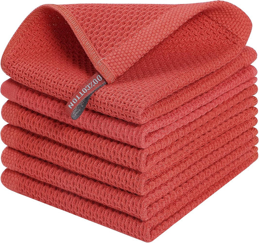 Kitinjoy 100% Cotton Kitchen Dish Cloths, 6 Pack Waffle Weave Ultra Soft Absorbent Dish Towels for Drying Dishes Quick Drying Kitchen Towels Dish Rags, 12 X 12 Inches, Brick Red