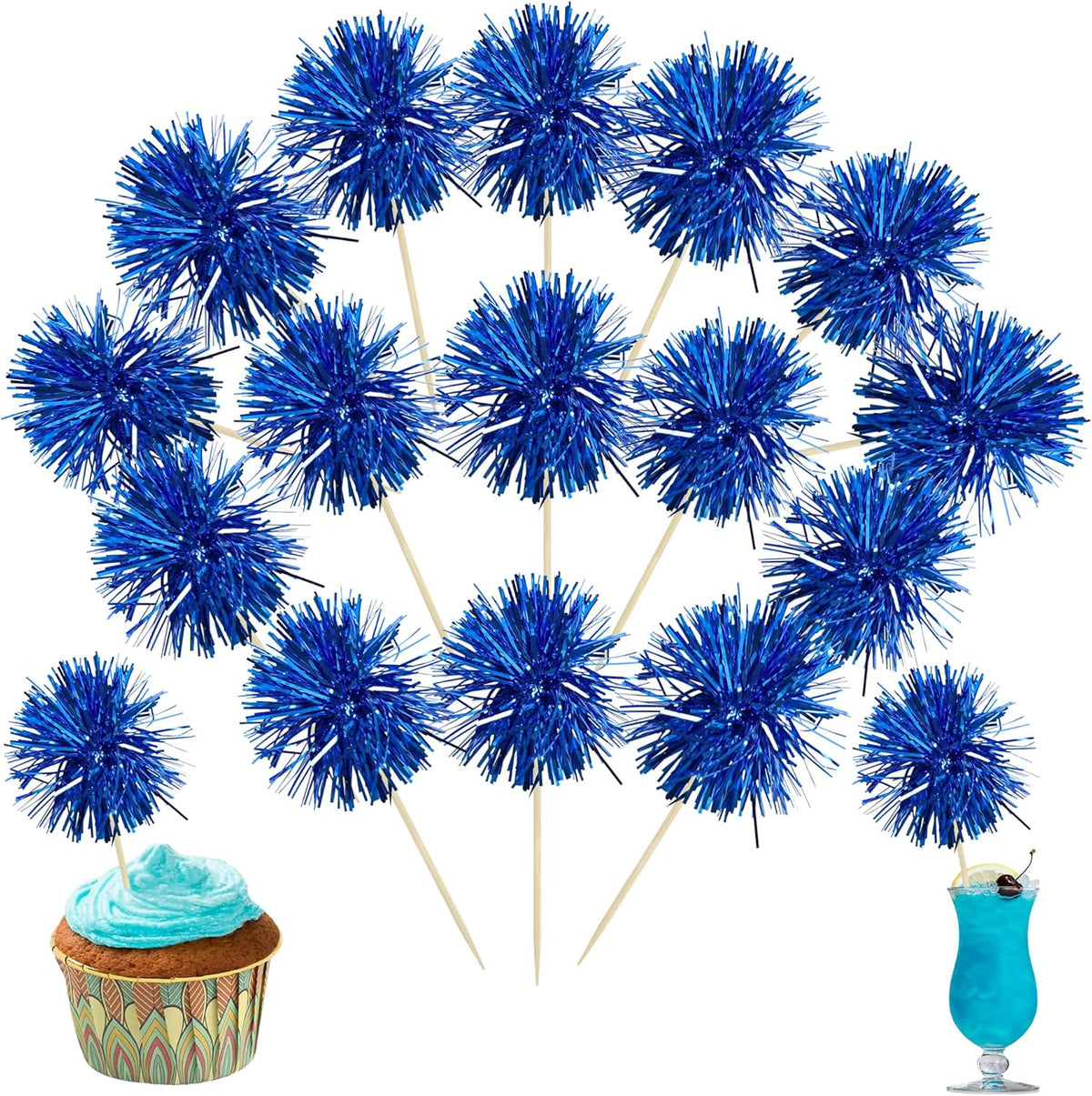 Ephlyn 30Pcs Foil Firework Cupcake Toppers Sparkles Fireworks Sticks Birthday Decorations Sparkle Tinsel Cocktail Fruit Toothpick for Birthday Wedding Graduation Party Cake Decorations Blue