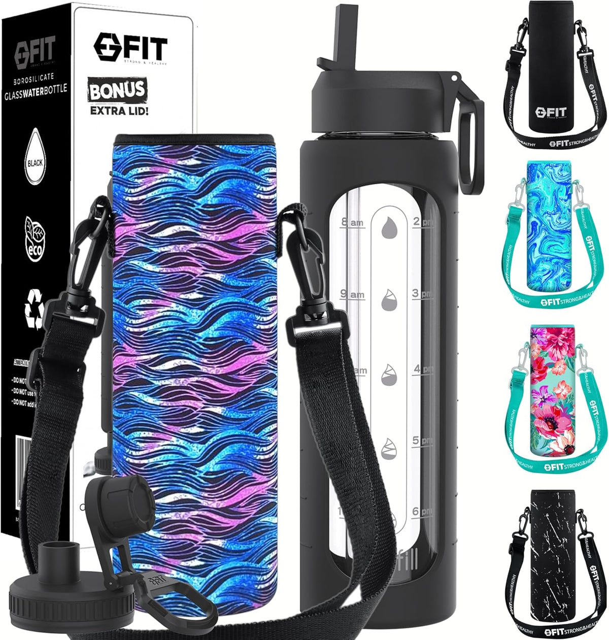 FIT Strong & Healthy 32 oz Glass Water Bottle with Straw Lid, Time Marker, Sleeve & Extra Lid - Motivational, Wide Mouth 1 Liter Glass Drinking Bottle