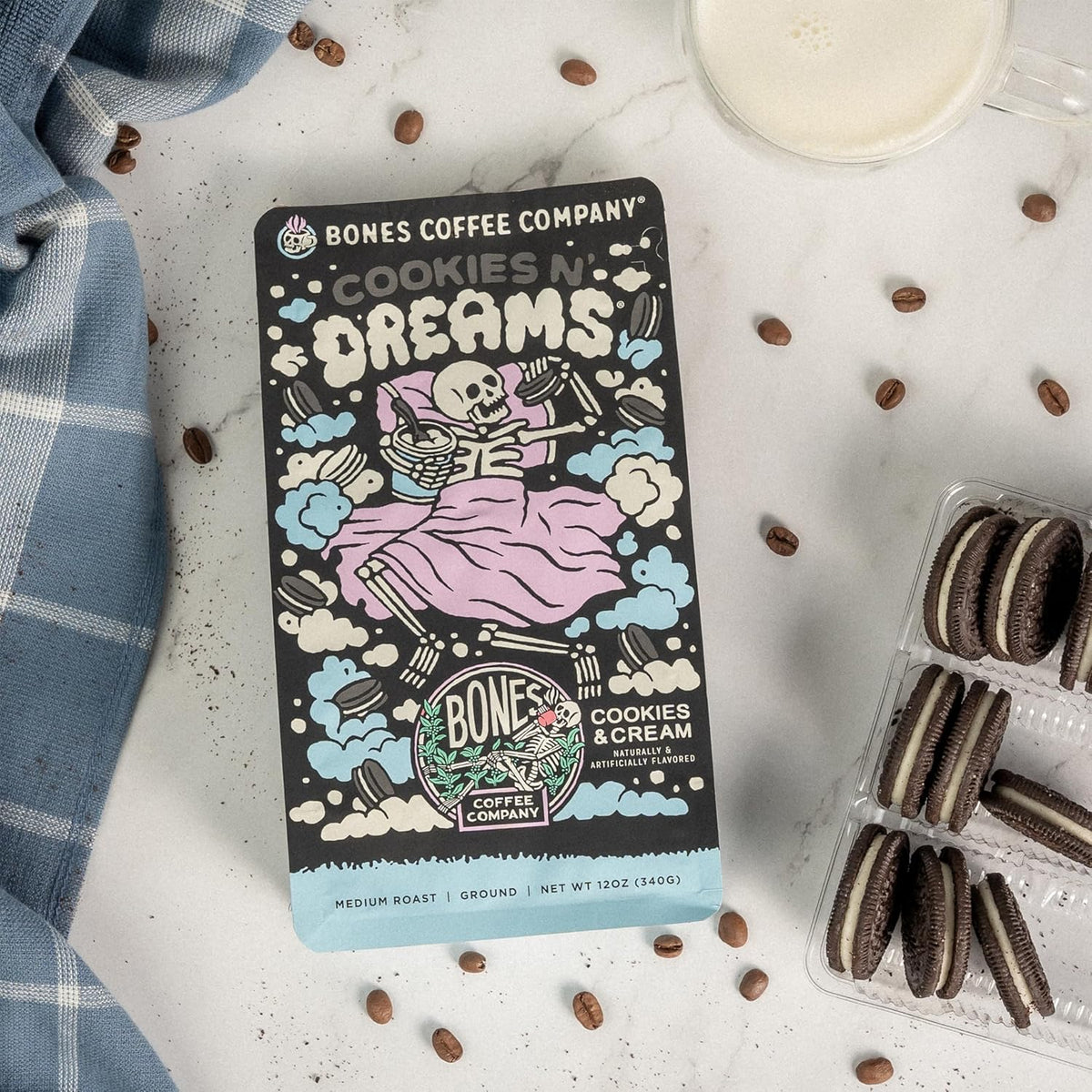 Bones Coffee Company Cookies 'N Dreams Cookies and Cream Flavored Coffee, Medium Roast Low Acid Arabica Beans Compatible with Auto drip and French Press Coffee Maker, 12 Oz Ground