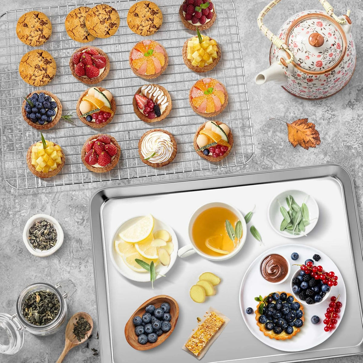 P&P CHEF 17.5 Inch Baking Sheet and Rack Set, Stainless Steel Cookie Sheets Oven Baking Pans Trays with Cooling Racks for Cooking & Roasting, Oven & Dishwasher Safe, (2Pcs)