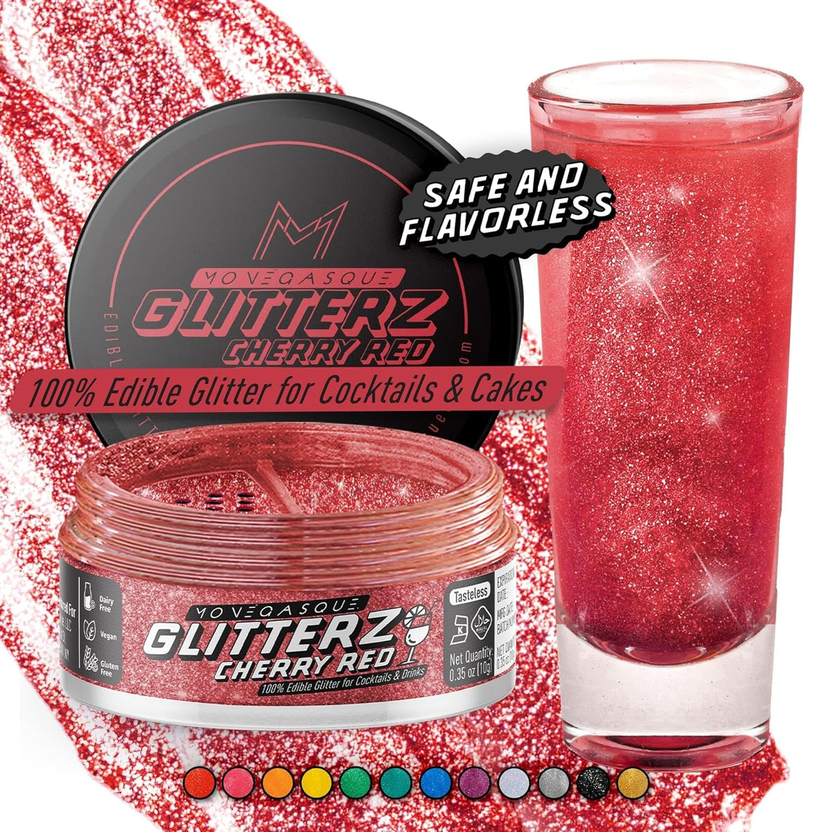 MONÉGASQUE Cherry Red Edible Glitter for Drinks 10g – Red Edible Glitter for Cakes & Cupcakes - Champagne & Cocktail Drink Shimmer Flakes - Halloween Food Decorating Sprinkles & Cake Decorations Spray