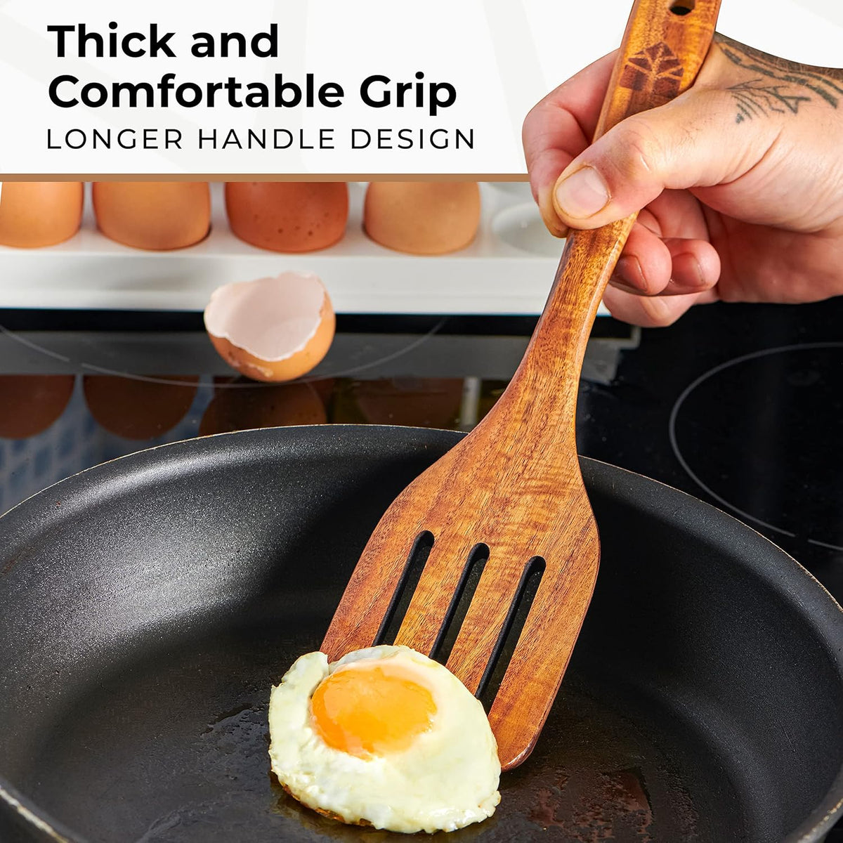 Wooden Spatula for Cooking, Teak Spatulas for Kitchen Use - Wooden Cooking Utensils Set of 4 including Paddle, Turner, Slotted Spurtle and Wood Scraper. Nonstick cookware.