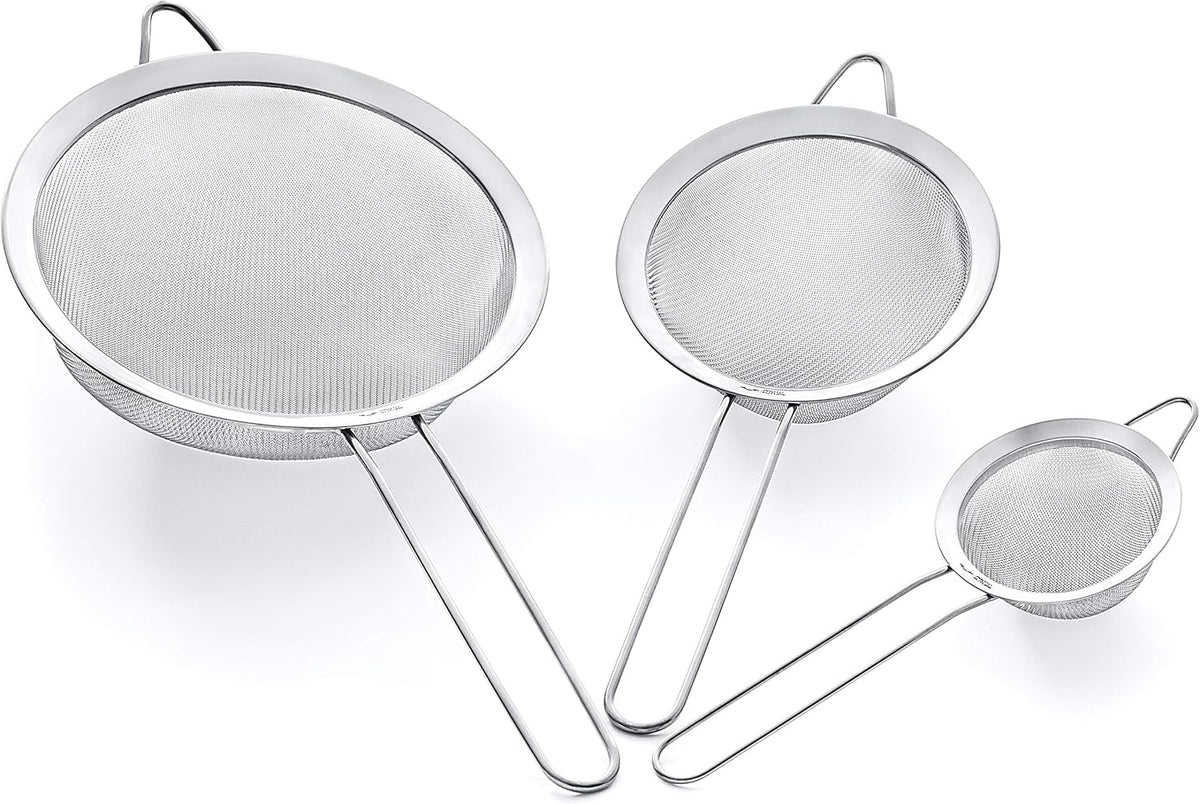 Strainer Set Fine Mesh – Premium 304 Stainless Steel (18/8) – 8″, 5.5″ and 3.3″ Sturdy Kitchen Strainers (Silver)