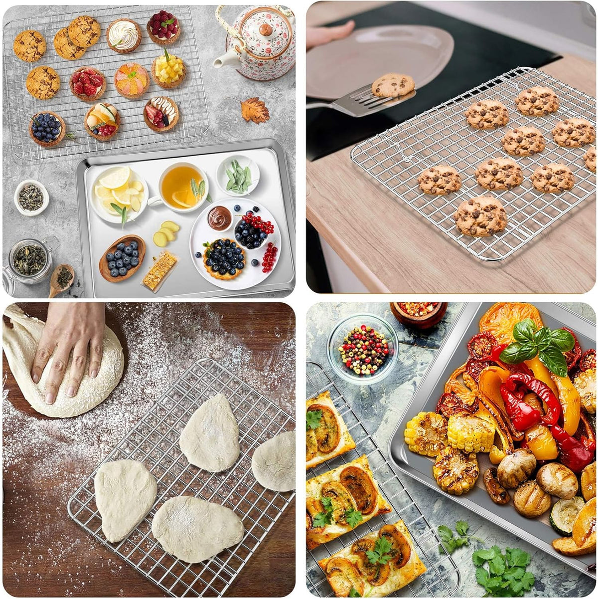 P&P CHEF 16 + 12.5 + 10.4 + 9 Inch Baking Sheet and Rack Set, Stainless Steel Cookie Sheets Oven Baking Pans Trays with Cooling Racks for Cooking & Roasting, Oven & Dishwasher Safe, (8Pcs)