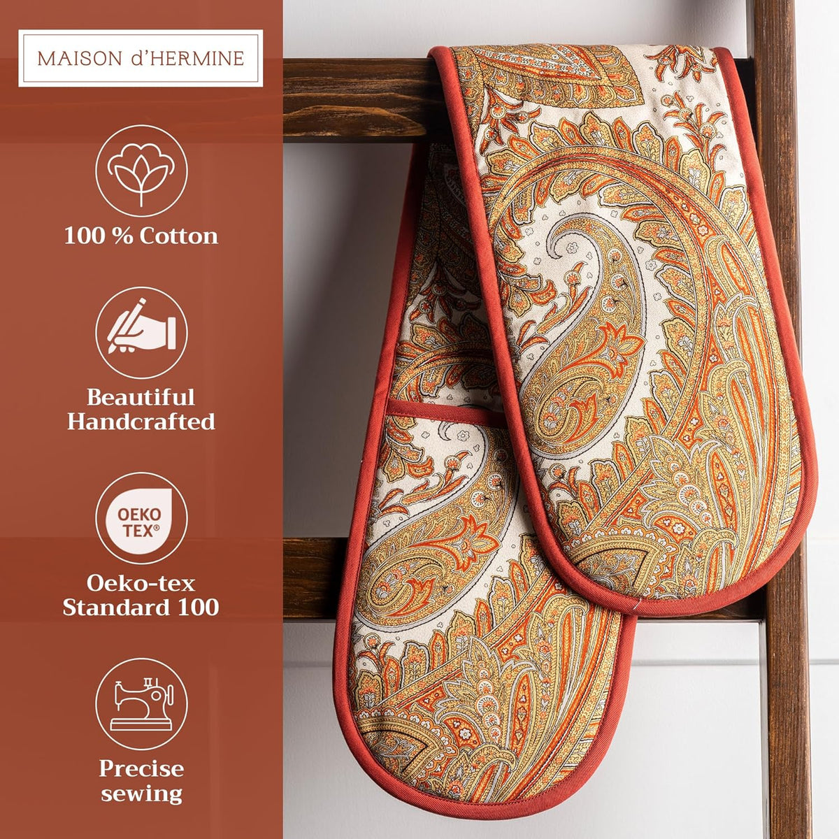 Maison d' Hermine Double Oven Mitts 100% Cotton 7"x35" Double Oven Mitt Heat Resistant BBQ Cooking Gloves with Loop, Baking, Grilling, Home, Kitchen, Handling Hot Pans (Kashmir Paisley)
