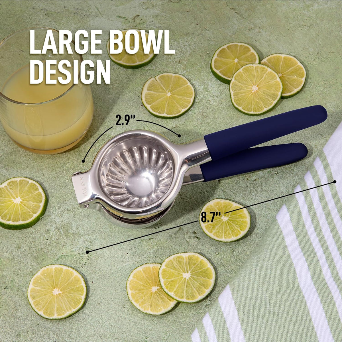 Zulay Lemon Squeezer Stainless Steel with Premium Heavy Duty Solid Metal Squeezer Bowl and Food Grade Silicone Handles - Large Manual Citrus Press Juicer and Lime Squeezer Stainless Steel (Navy)