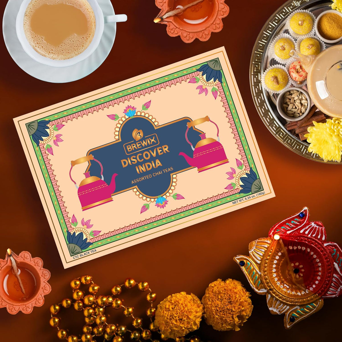 BREWIX, Discover India Premium Black Tea Christmas Gift Box (6.34oz/90+ Cups) | Tea Gift Sets For Tea Lover | 6 Unique Chai Teas | Best for Birthdays, Anniversaries & Holidays