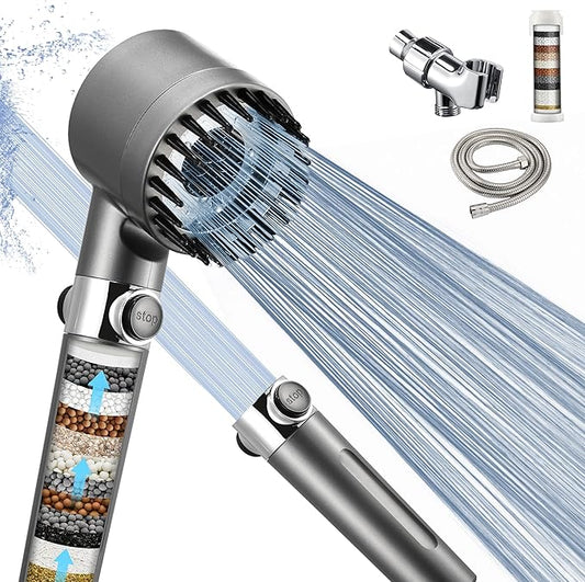 Fitered Shower Head with Handheld for Hard Water, High Pressure Handheld Shower Heads with On Off Switch, Showerhead with Long Hose(Gun Grey,2 Filters)
