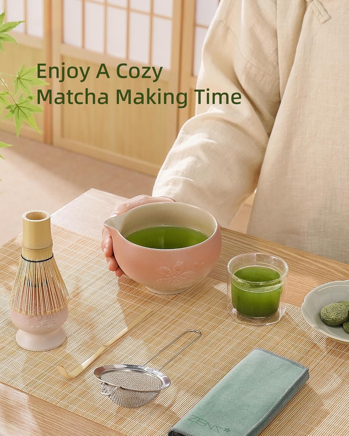 ZENS Matcha Whisk Set, Pink Ceramic Matcha Bowl with Embossed Sakura, 6pcs Matcha Tea Kit Includes Bamboo Whisk, (Chasen Holder) Scoop & Sifter, Tea Towel for Matcha Ceremony, Pink