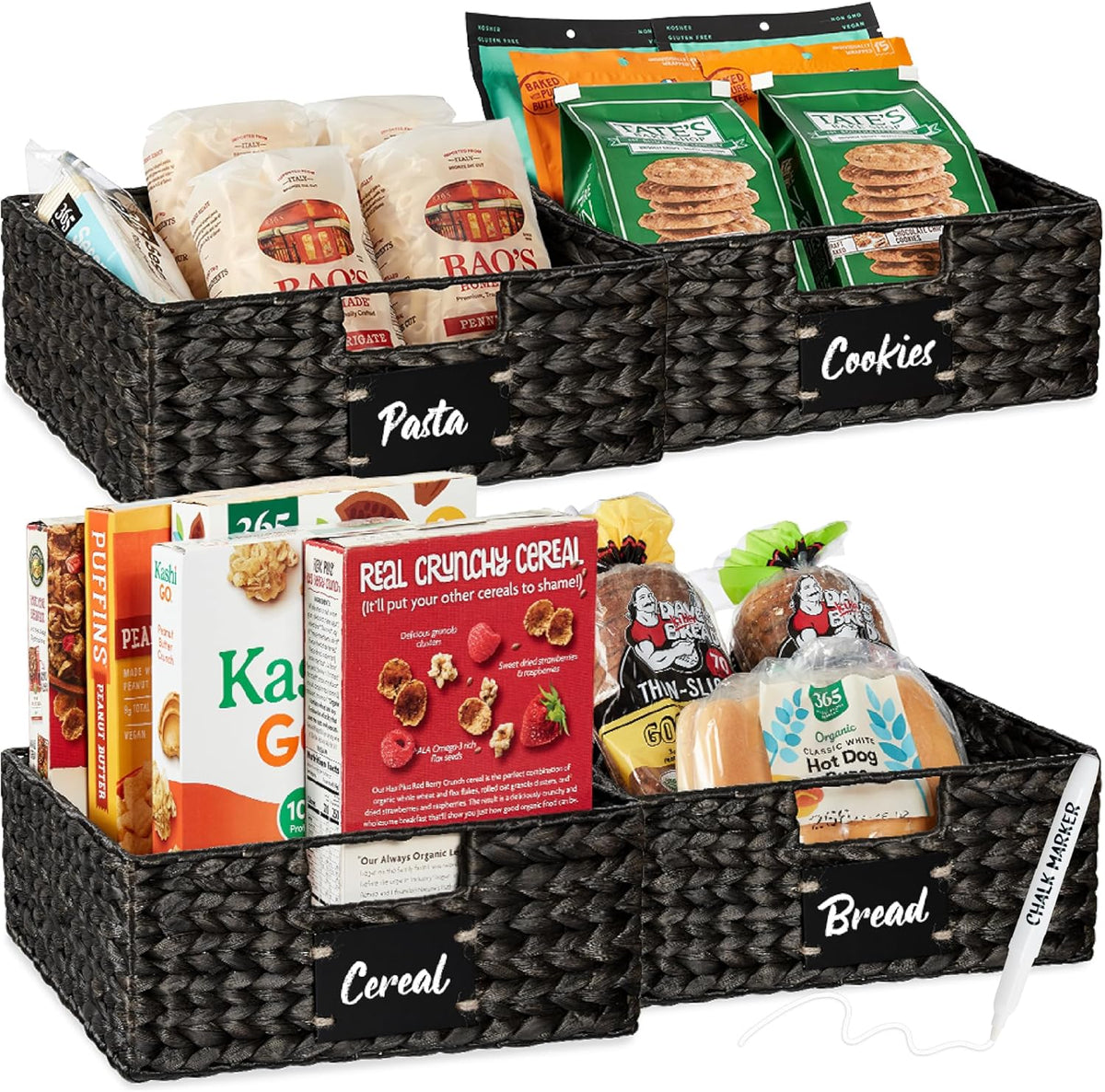 Best Choice Products Set of 4 13x12in Water Hyacinth Pantry Baskets, Woven Organizers w/Chalkboard Label, Chalk Marker - Black
