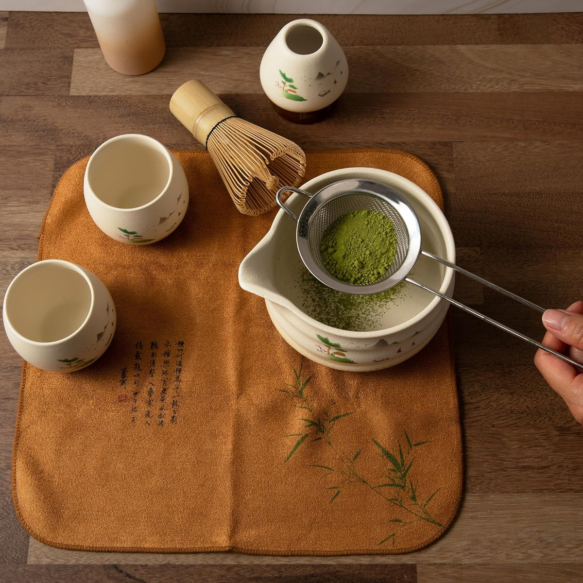 Marce Matcha Whisk Set- Matcha Set includes Matcha Whisk and Bowl (Bowl with Spout), Sifter, Holder and Scoop- The Perfect Bamboo Whisk for Matcha Tea (Cream- 7PC)