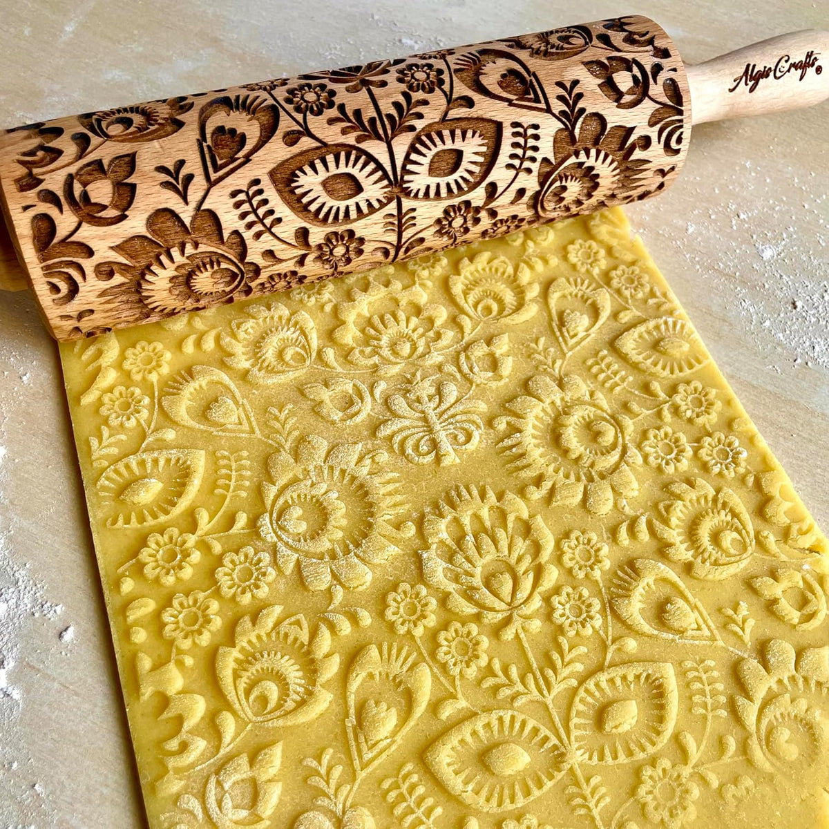 FOLK Embossed Rolling Pin. Wooden Embossing Rolling Pin With Folksy Flowers for Pottery and Cookies by Algis Crafts
