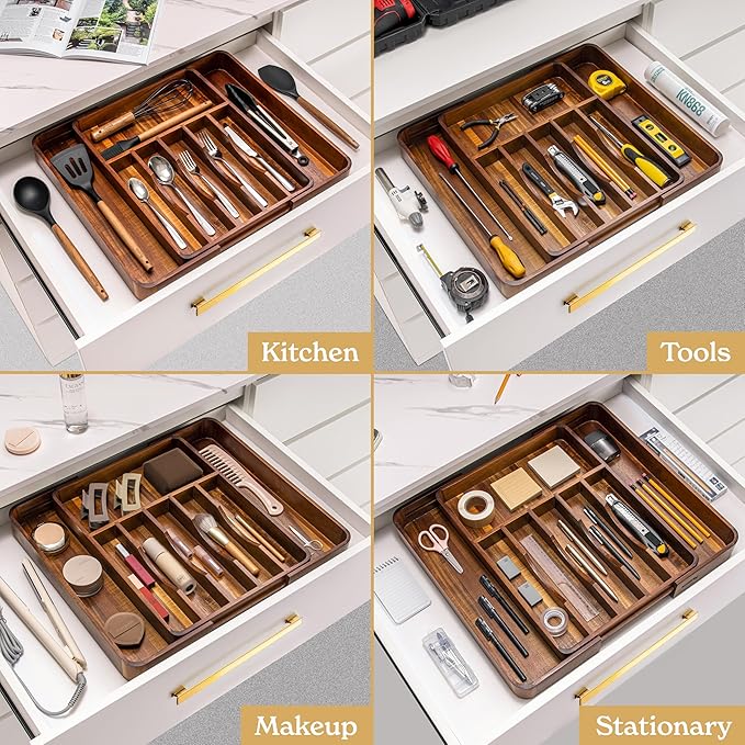 SMIRLY Silverware Drawer Organizer – Bamboo Kitchen Drawer Organizer, Adjustable Utensil Holder and Cutlery Tray, Drawer Dividers for Flatware and Kitchen Utensils