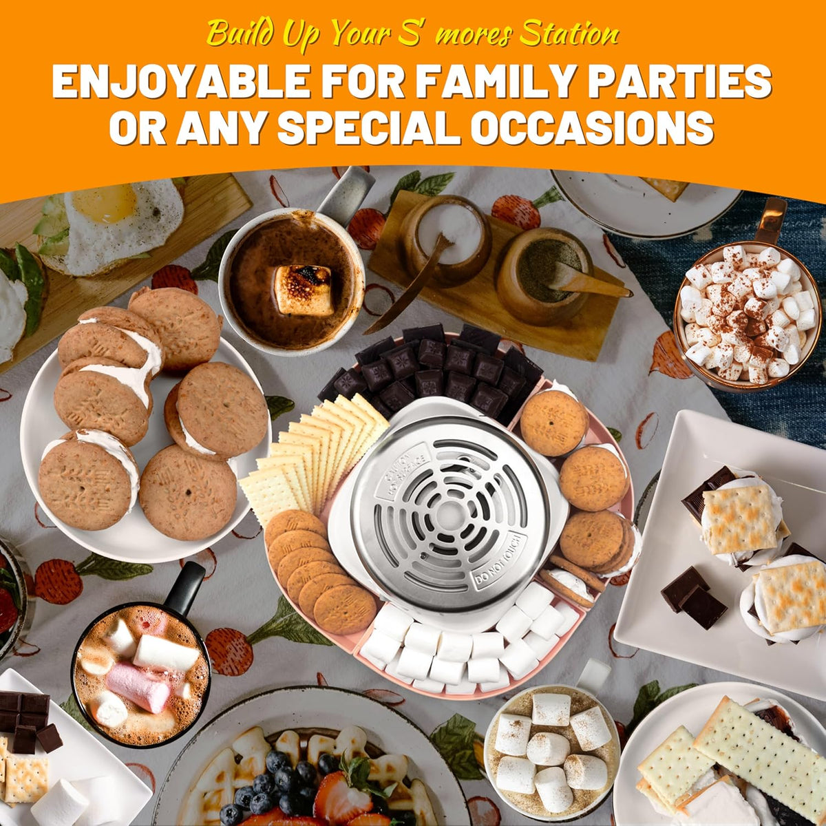Smores Maker Tabletop Indoor Kit, Indoor Marshmallow Roaster, Flameless Electric S'mores Maker, Smores Maker with 4 Detachable Tray & Roasting Sticks, Gift for family & Date Night, Orange