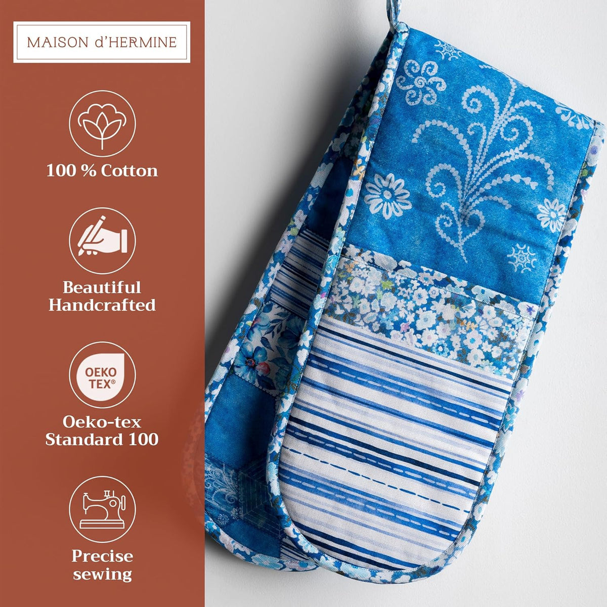 Maison d Hermine Summer Blue 100% Cotton Easter Double Oven Glove with Loop Heat Resistant for BBQ | Cooking | Baking | Grilling | Microwave | Barbecue | Spring/Summer (7.5 Inch by 35 Inch)