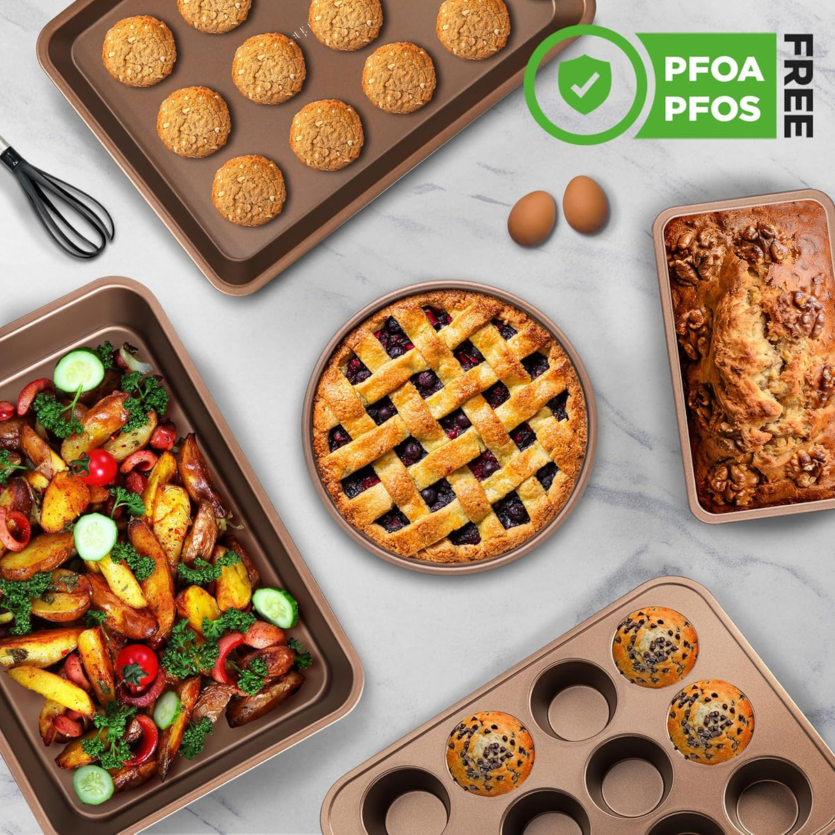 NutriChef 6-Piece Nonstick Bakeware Set, Carbon Steel Baking Pans, Includes Cookie Trays, Wide & Square Bake Pan, Bread Loaf & Round Cake Pan, Muffin Pan - Gold