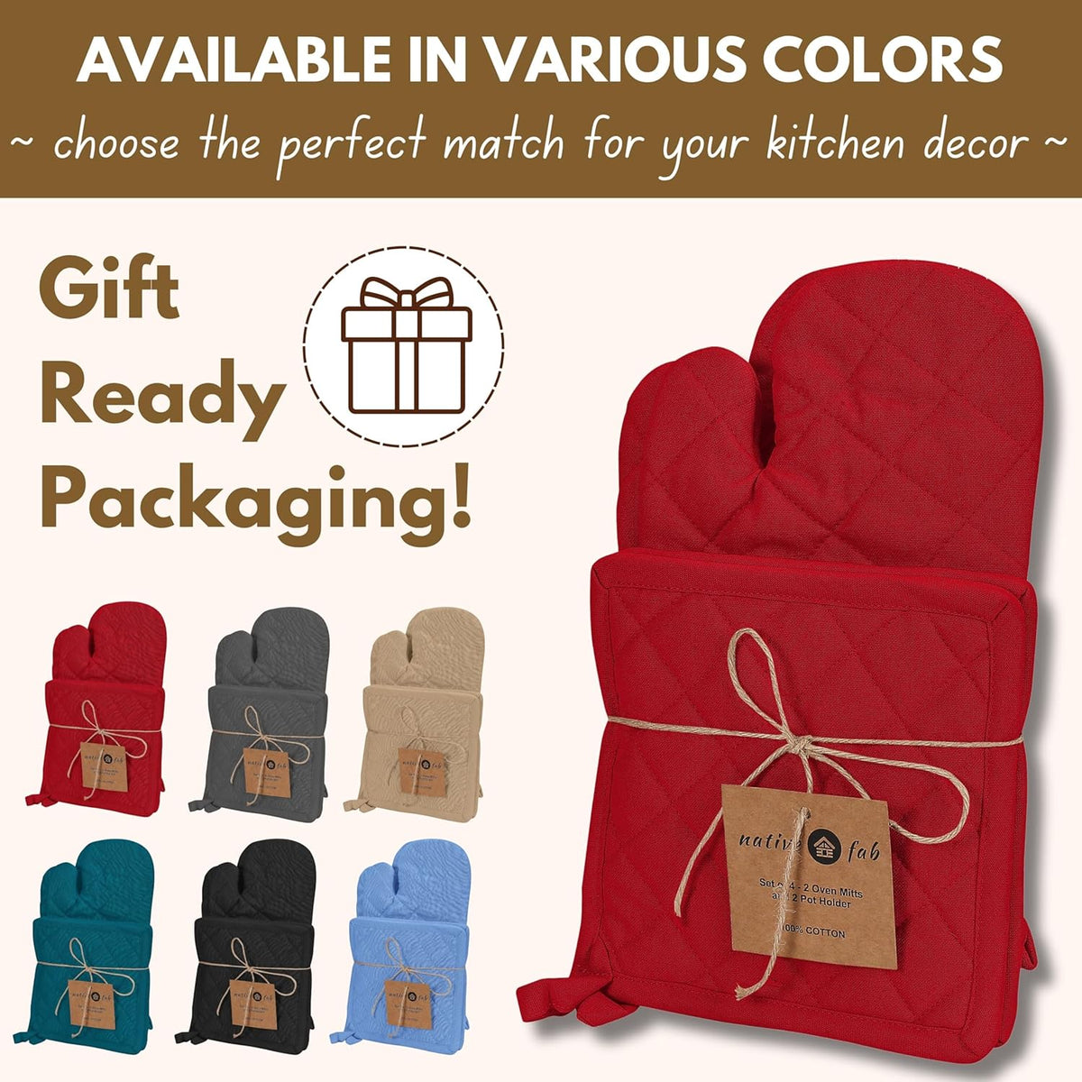 Native Fab Pot Holders and Oven Mitts Sets for Kitchen Heat Resistant - Hanging Non-Slip - 100% Cotton Kitchen Oven Mitts and Pot Holders 4-Piece Set - Red
