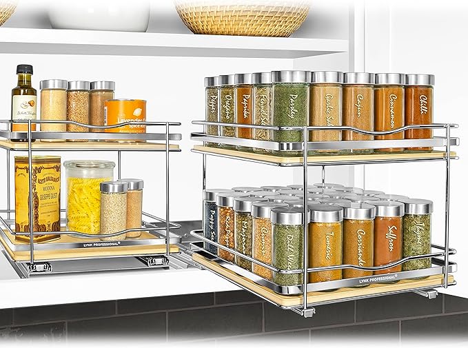 LYNK PROFESSIONAL® Élite™ Pull Out Spice Rack Organizer for Inside Kitchen Cabinets - 10-1/4 inch Wide - Slide Out Drawer – Wood/Chrome Sliding Spice Cabinet Organization Shelf Racks - 2 Tier