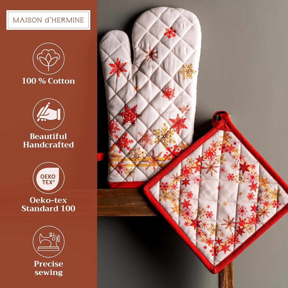 Maison d' Hermine 100% Cotton Oven Mitt & Pot Holder Set (7.5"x13" & 8"x8") Heat Resistant BBQ Cooking Gloves with Loop, Baking, Grilling, Kitchen, Handling Hot Pans (Crystal Star)