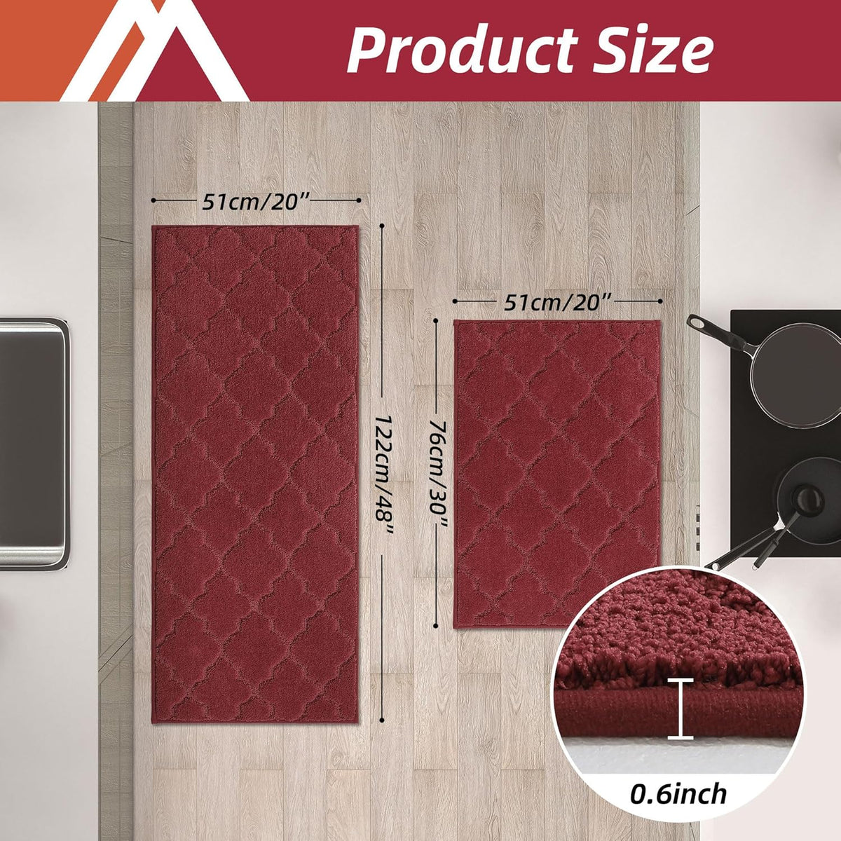 COSY HOMEER Soft Kitchen Rugs [2 PCS] for in Front of Sink Super Absorbent Kitchen Floor Mats and Mats 20x30 Inch/20X48 Non-Skid Kitchen Mat Standing Mat Washable,Polyester,Red