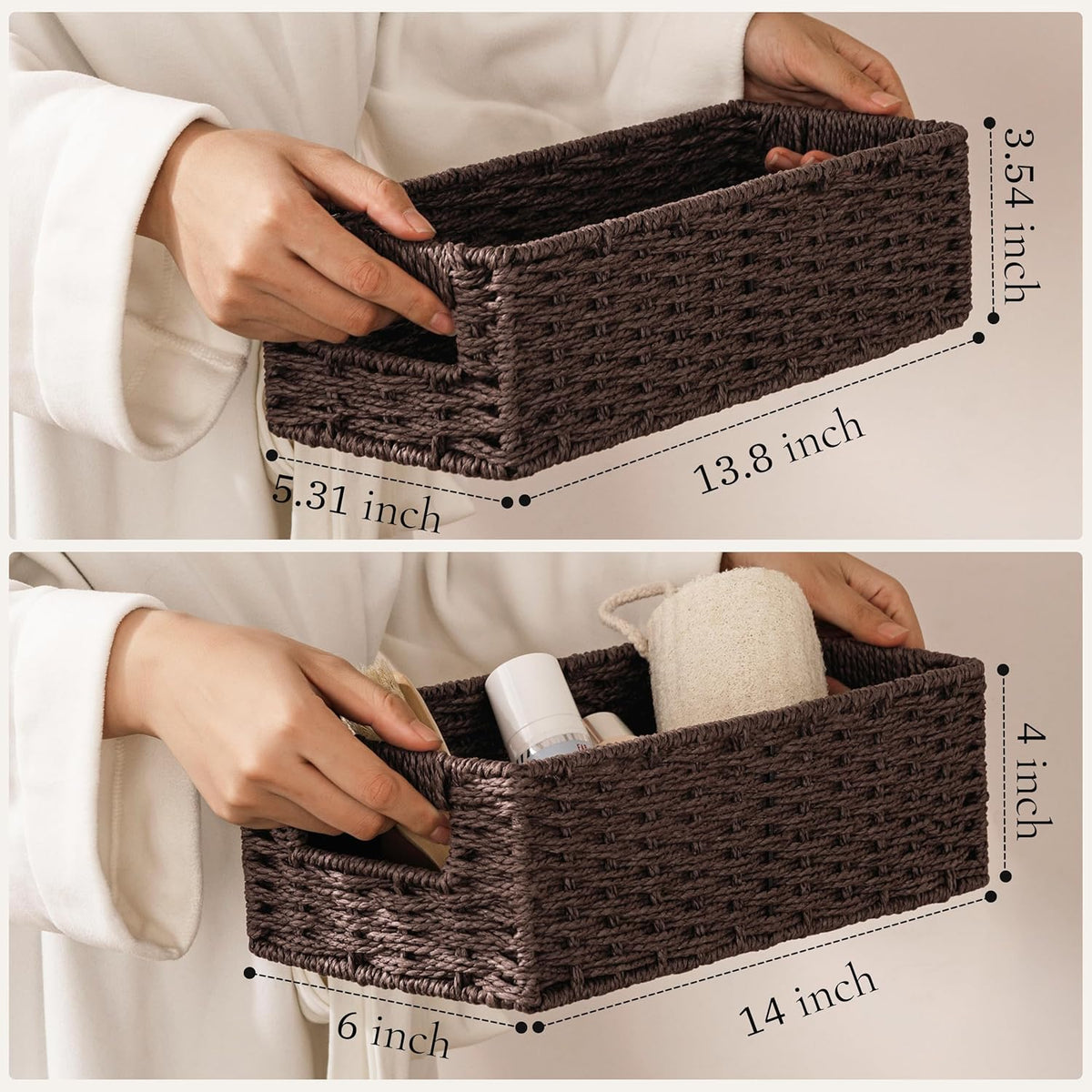UBBCARE Toilet Tank Basket for Bathroom, Hand Woven Paper Wicker Basket for Organizing, Countertop Decorative Storage Basket with Handles, 2-Pack, Dark Brown