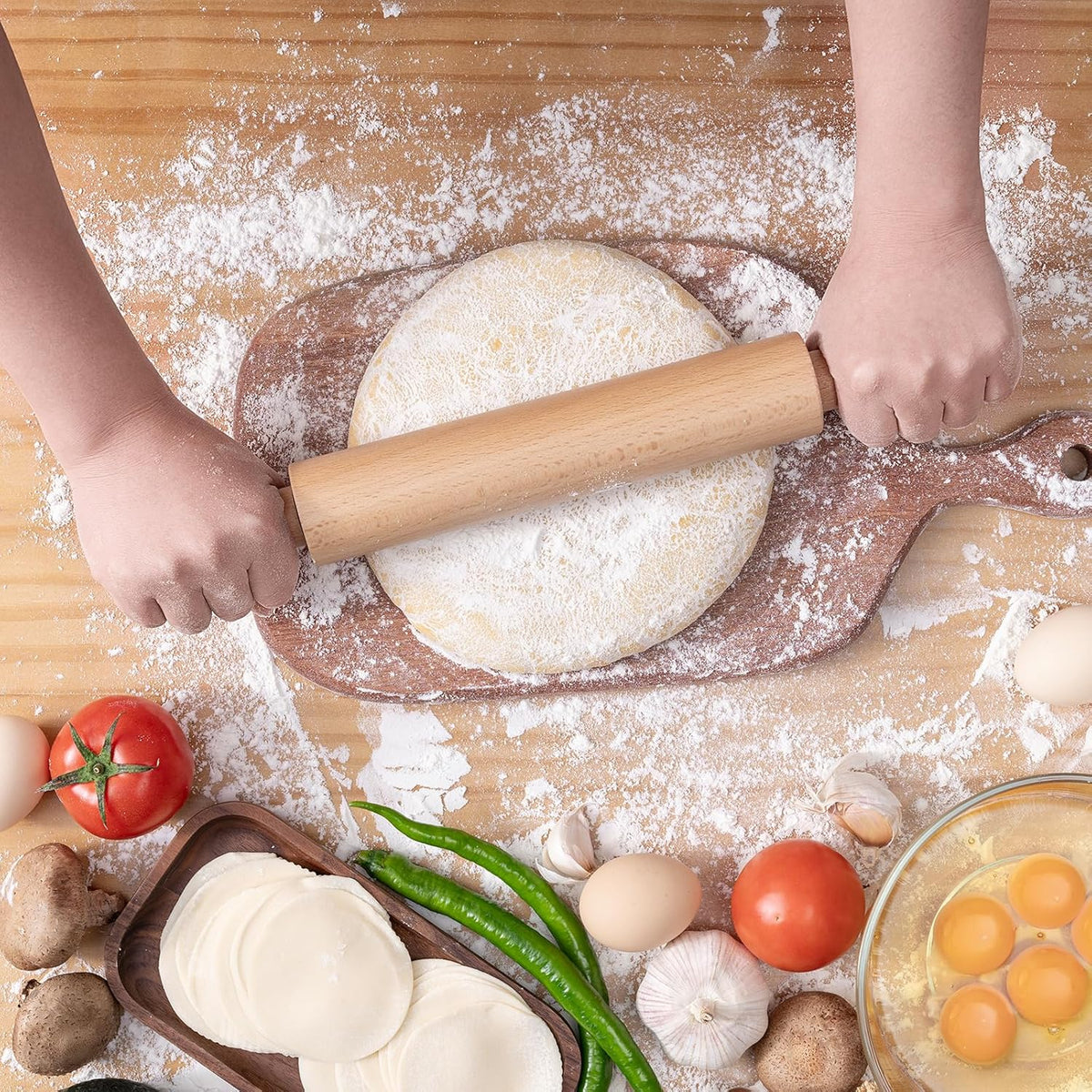 AISOSO Rolling Pins for Baking, 15.75 Inches Wooden Rolling Pin with Handles, Classic Nonstick Dough Roller for Fondant Pizza Pie Crust Cookie Pastry, Kitchen Baking Essentials, Light Yellow