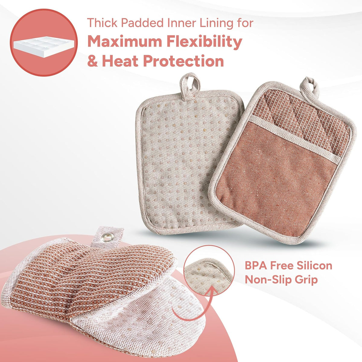 Casa Platino Cute Oven Mitts & Pot Holders, 4-Piece – Oven Mitts Heat Resistant for Grilling & Baking, Pot Holder for Hot Cookware & Microwave – Withstands Up to 500°F, Non-Slip – Canyon Rose