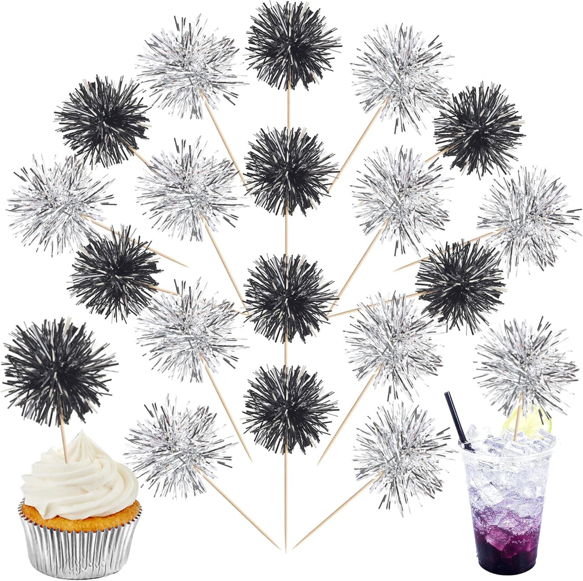 40 PCS Foil Firework Cupcake Toppers Sparkle Tinsel Cupcakae Picks Foil Firework Party Decorations Cocktail Fruit Toothpick for Fireworks Theme Birthday Wedding Graduation Party Decor Black Silver