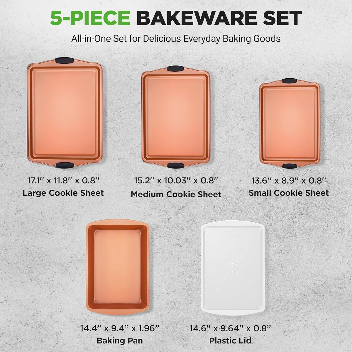 NutriChef 5 Piece Baking Pan Set - PFOA, PFOS, PTFE Free Flexible Nonstick Carbon Steel Bakeware Set - Home Kitchen Bake Pan Cookie Sheet Stackable Baking Tray Set w/Black Silicone Handles NC5PCS
