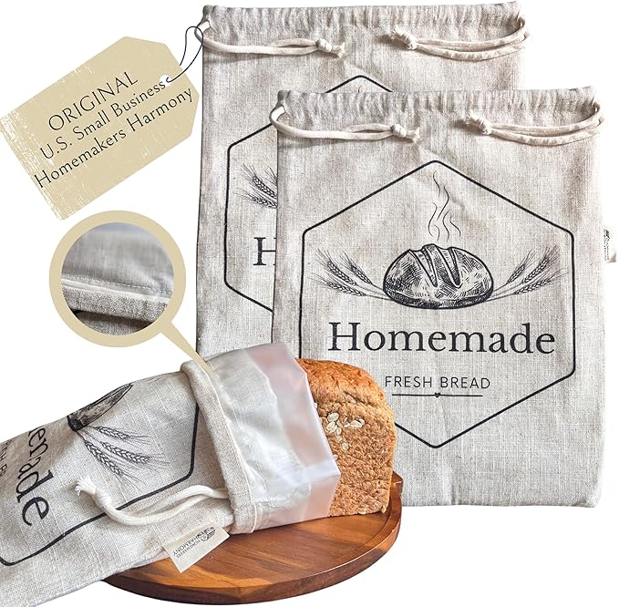 2-Pack XL Linen Reusable Bread Bags for Homemade & Sourdough Breads