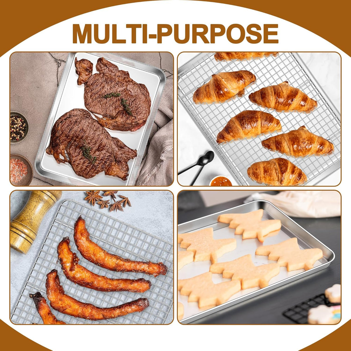 E-far Stainless Steel Baking Sheet with Wire Rack Set, 16” x 12” Cookie Sheet Baking Pan for Oven, Rimmed Large Metal Tray with Cooling Rack for Cooking Roasting, Non-Toxic & Dishwasher Safe