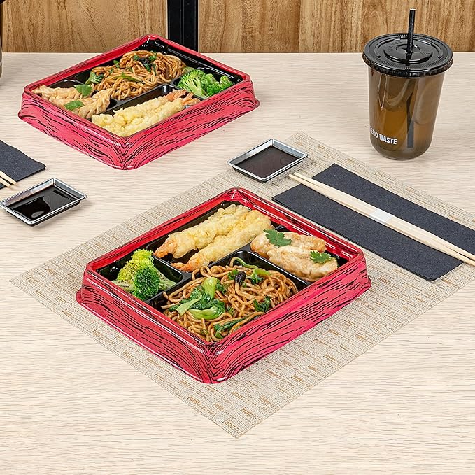 Restaurantware Bento Tek 15.2 Ounce Meal Prep Containers, 50 Disposable To Go Food Boxes - Lids Sold Separately, 4 Compartments, Red And Black Plastic Bento Lunch Boxes, Freezable, For Take Out