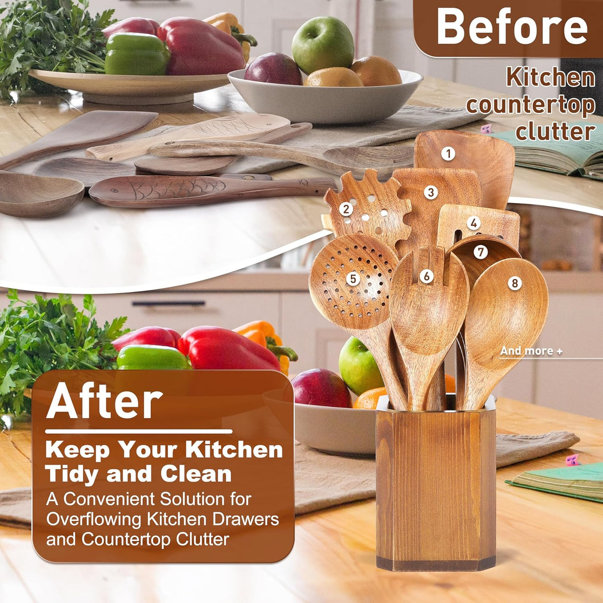 Kitchen Utensils Holder for Countertop: Wooden Utensil Crocks - Cooking Spoons Organizer