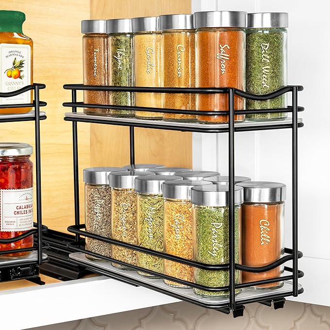 LYNK PROFESSIONAL® Pull Out Spice Rack Organizer for Inside Kitchen Cabinets - 4-1/4 inch Wide - Slide Out Drawer – Black Sliding Spice Cabinet Organization Shelf Racks - 2 Tier