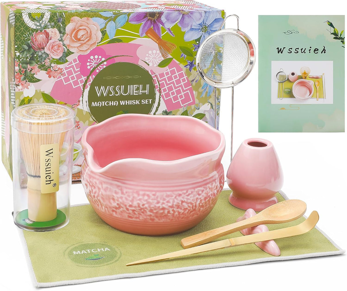 Matcha Whisk Set, Pink Matcha Set, 8 Pcs Complete Ceramic Matcha Making Kit with Bowl, Bamboo Whisk & Holder, Stainless Sifter, Tea Towel, Scoop & Scoop Rest, Perfect for Beginners & Lovers