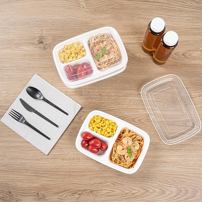 Restaurantware Asporto 26 Ounce Compartment Take Out Boxes, 50 Microwavable Meal Prep Containers - 3 Compartments, With Clear Plastic Lids, White Plastic Food Containers, Do Not Contain BPA