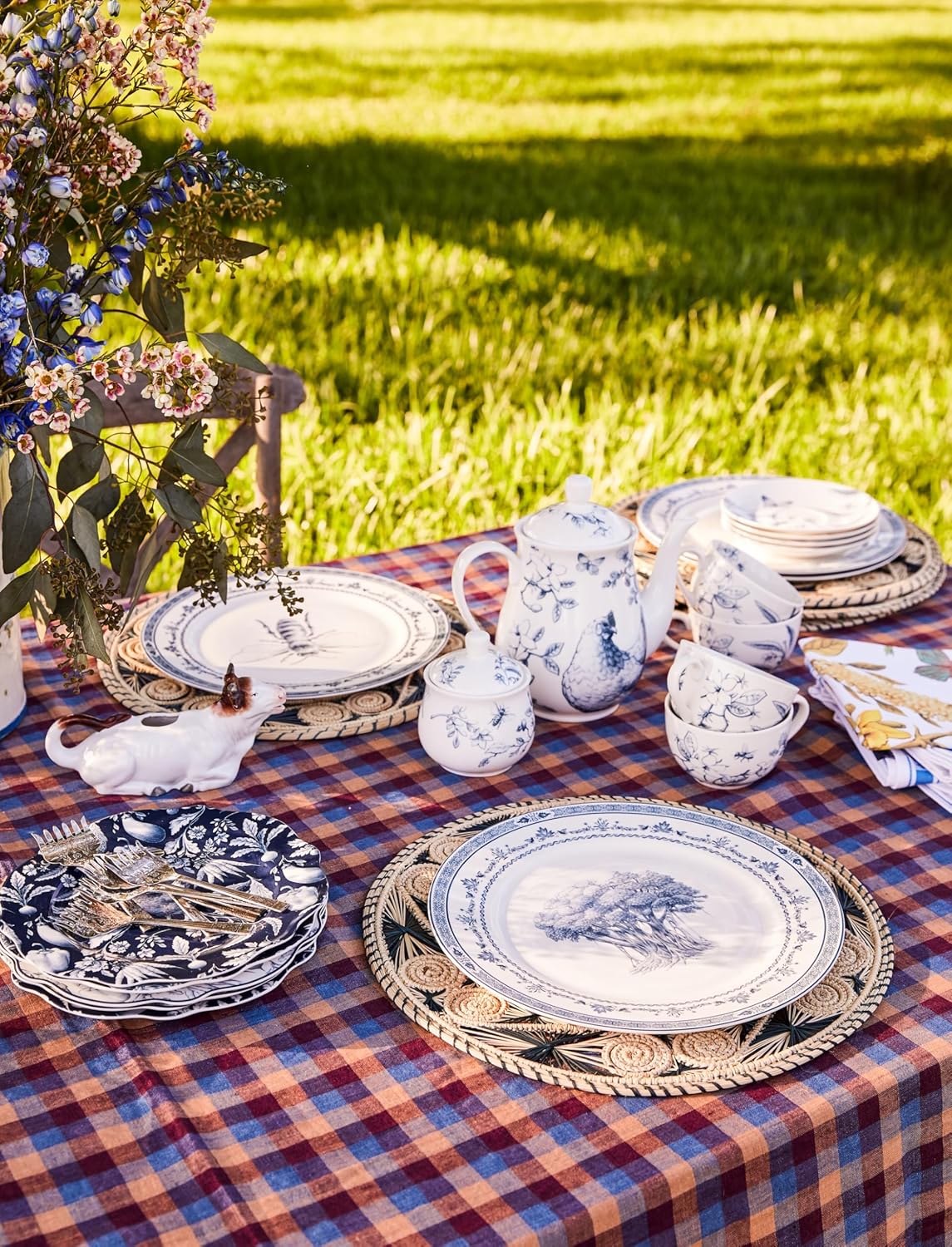 11-Piece Blue & White Collectible Chicken Floral Pattern Tea Set with Giftbox