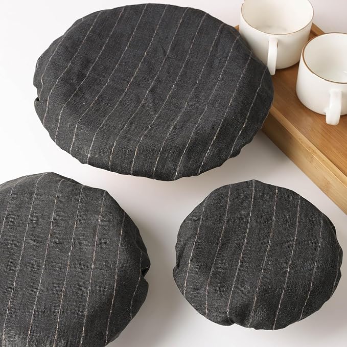 100% Linen Stripe Bowl Covers Reusable For Bread Proofing, 4 Pcs Elastic Cloth Fabric Bowl Covers, 5.9 * 7.9 * 9.8 * 11.8 Inches, Black