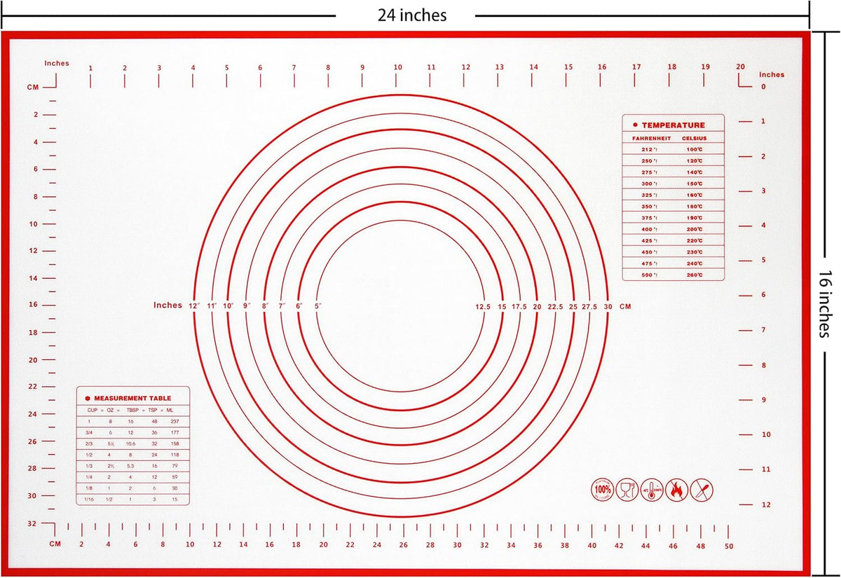 Yansumi Silicone Pastry Mat Extra Large Non-Slip Mat for Rolling Dough Pie Crust and Baking Non-Stick with Measurements (24x16, Red)