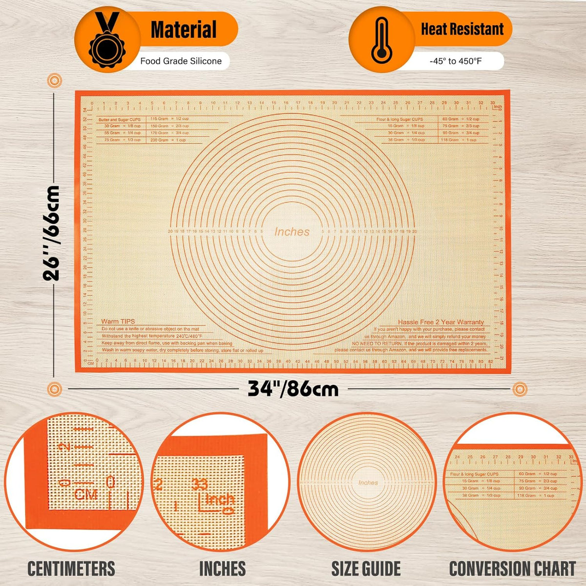 Silicone Pastry Mat 34x26 Inch Nonstick Baking Mat -Perfect for Doug, Pastry, Dough Rolling, Kneading Board, Pie Crust, Fondant, Pasta/Pizza, Kitchen Counter Mat