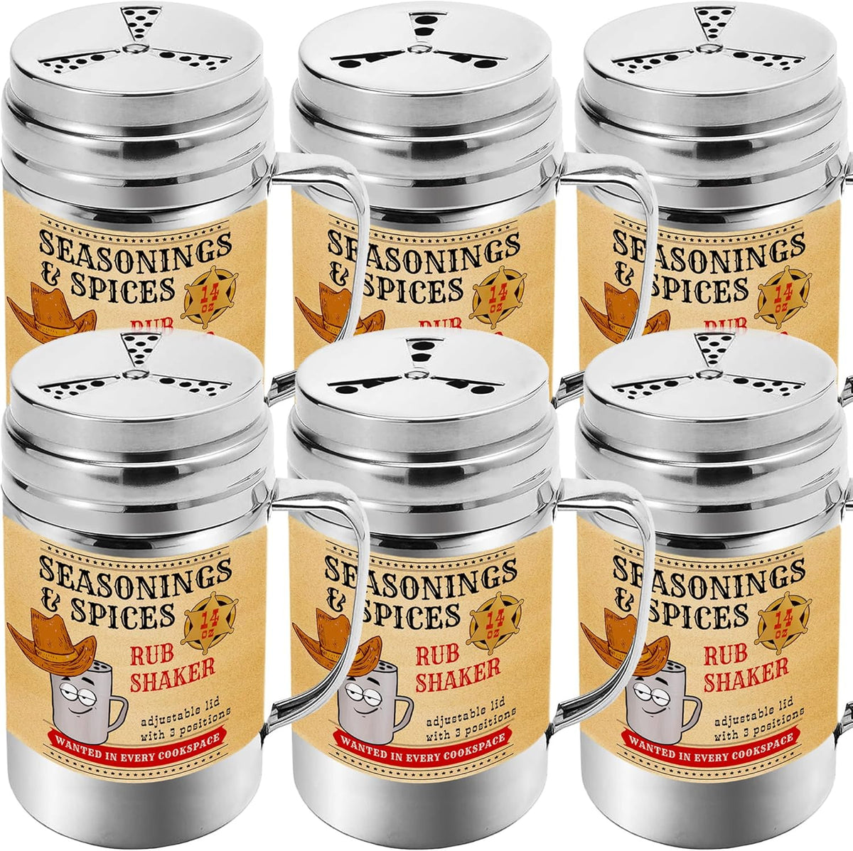 CUSINIUM [Pack of 6] 14 oz Seasonings Spice Shakers - BBQ Dry Rub Shakers - Cooking Dredge with Adjustable Fan-Style Lid and Handles