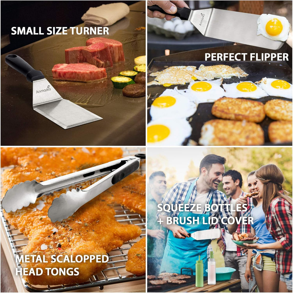 Metal Spatula Set of 4 - Griddle Accessories kit - Grill Flat Spatula Pancake Flipper Hamburger Turner - Metal Utensil Great for BBQ Grill Flat Top Cast Iron Griddle - Commercial Grade