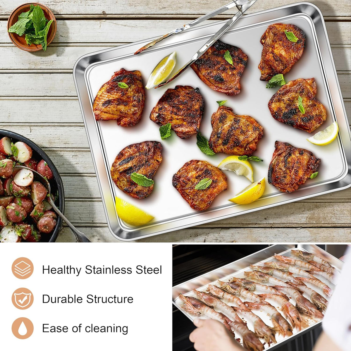 E-far Stainless Steel Baking Sheet, 16” x12” x 1” Baking Cookie Sheet Pan for Oven, Non-toxic Metal Trays for Baking Cake Cookie, Healthy & Rust Free, Mirror Finish & Dishwasher Safe, 1 Pack