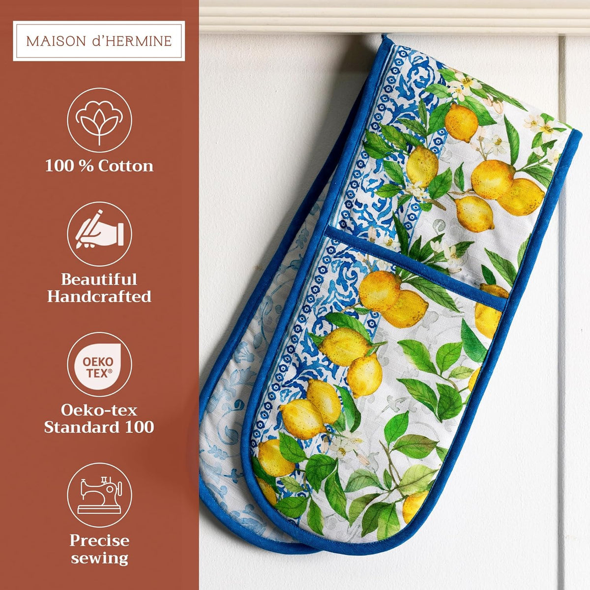 Maison d' Hermine Double Oven Mitts 100% Cotton 7"x35" Double Oven Mitt Heat Resistant BBQ Cooking Gloves with Loop, Baking, Grilling, Home, Kitchen, Handling Hot Pans Spring Summer (Cedrat)