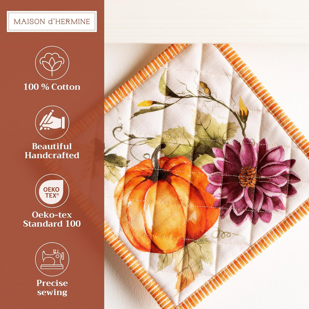 Maison d' Hermine Pot Holders set 100% Cotton Heat Resistant Potholders 8" x 8" Hot Pads with Loop BBQ, Cooking, Baking, Grilling, Kitchen, Handling Hot Pans (Pack of 2, Pumpkin Garden - Cloudy Cream)